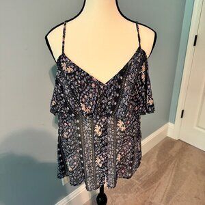 Navy print string and short sleeve top
